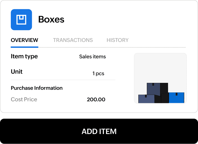 Item module shows details of an inventory stock named 'boxes'.